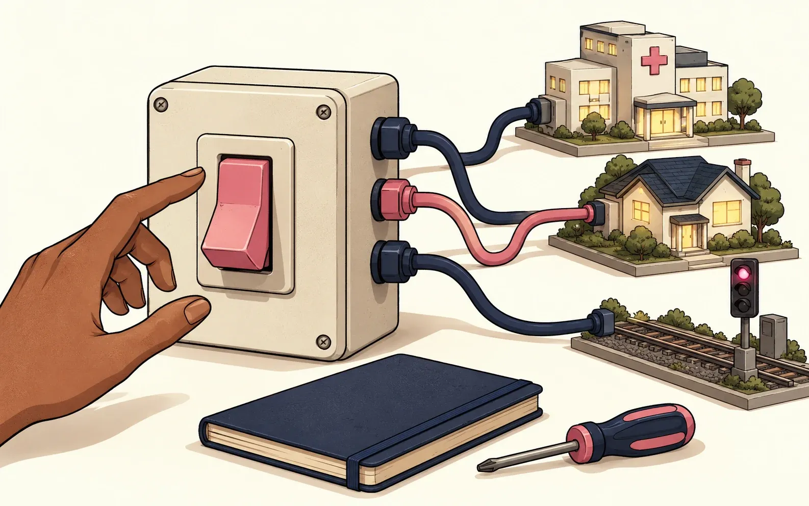 A hand hesitates beside a pink switch connected to a hospital, home and railway signal, with a maintenance notebook and screwdriver nearby.