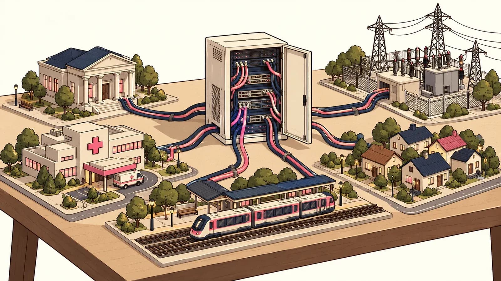 A miniature bank, hospital, railway, homes and electricity substation connect by cables to one central server cabinet.