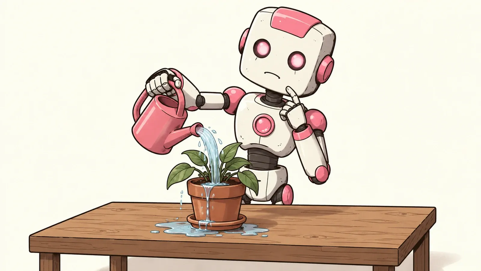 Mai, the ivory-and-pink robot from The Girly Guide, waters a plant while water overflows onto the table.