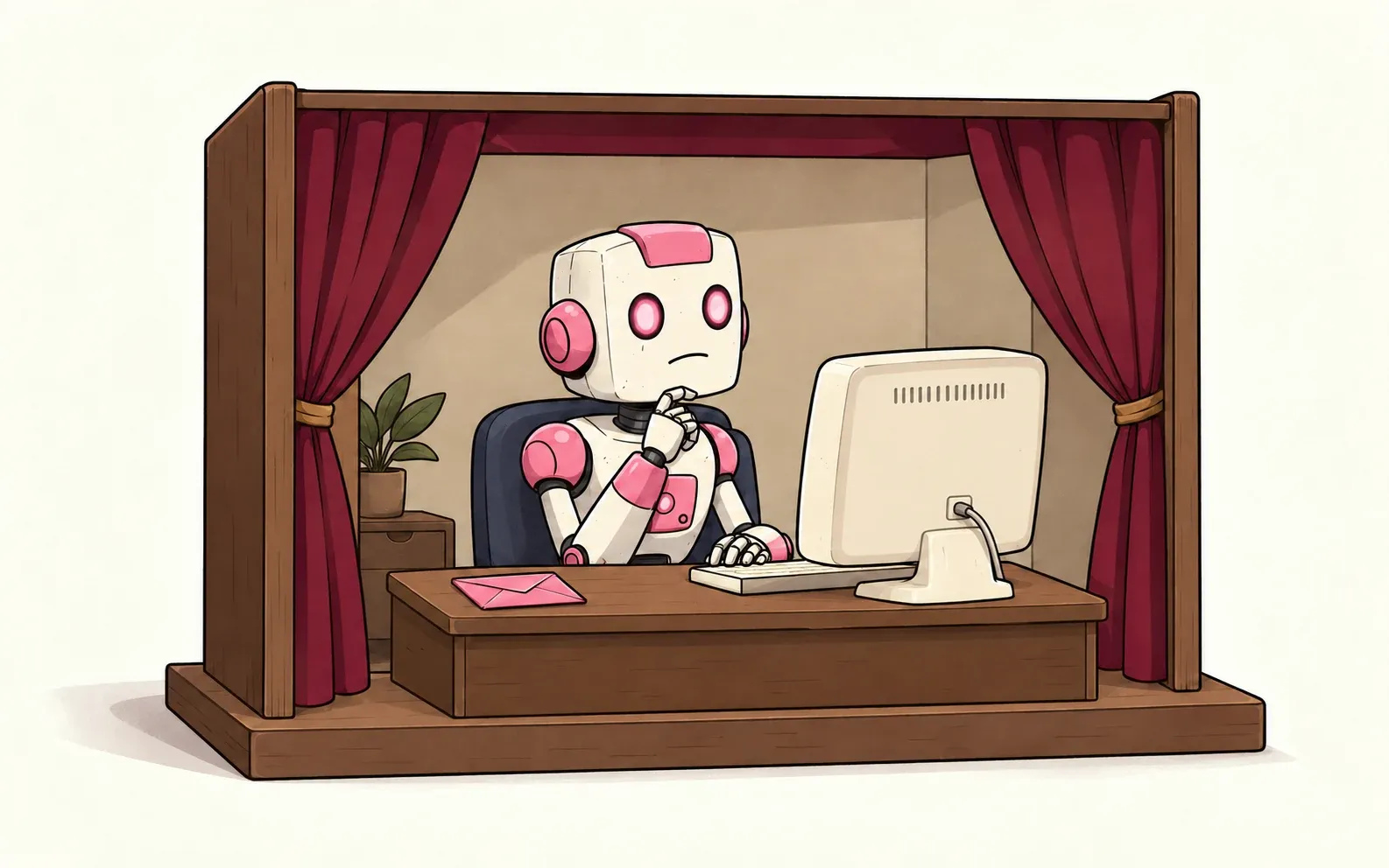 Mai sits at a computer inside a miniature office stage, showing a constructed research scenario.