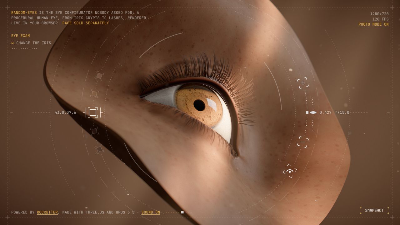 Random-eyes: a detailed golden iris, eyelashes, and skin rendered in an interactive browser experiment